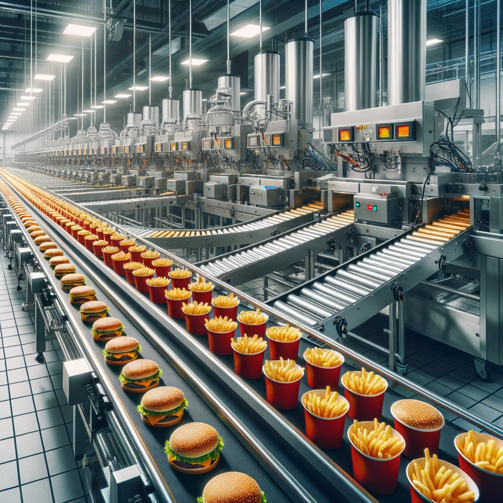DALL·E 2023-10-31 17.40.51 - Photo of a large fast food production line with conveyors full of burgers, fries, and soda cups